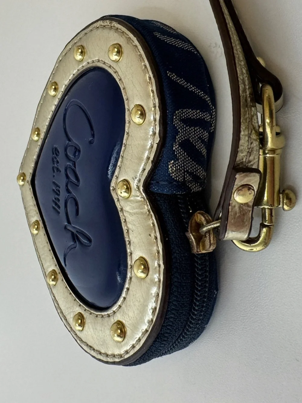 Coach Y2K Script Heart Navy And Gold Story Patch Heart Coin Bag Keychain Charm